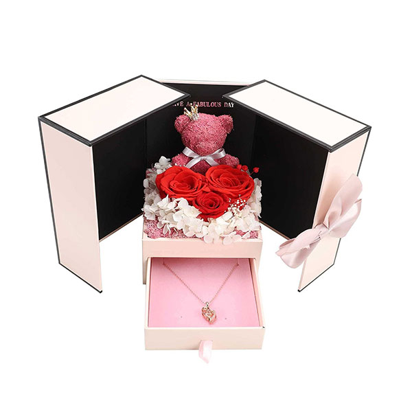 Preserved Rose Moss Bear with Silver Necklace Romantic Gifts for Women