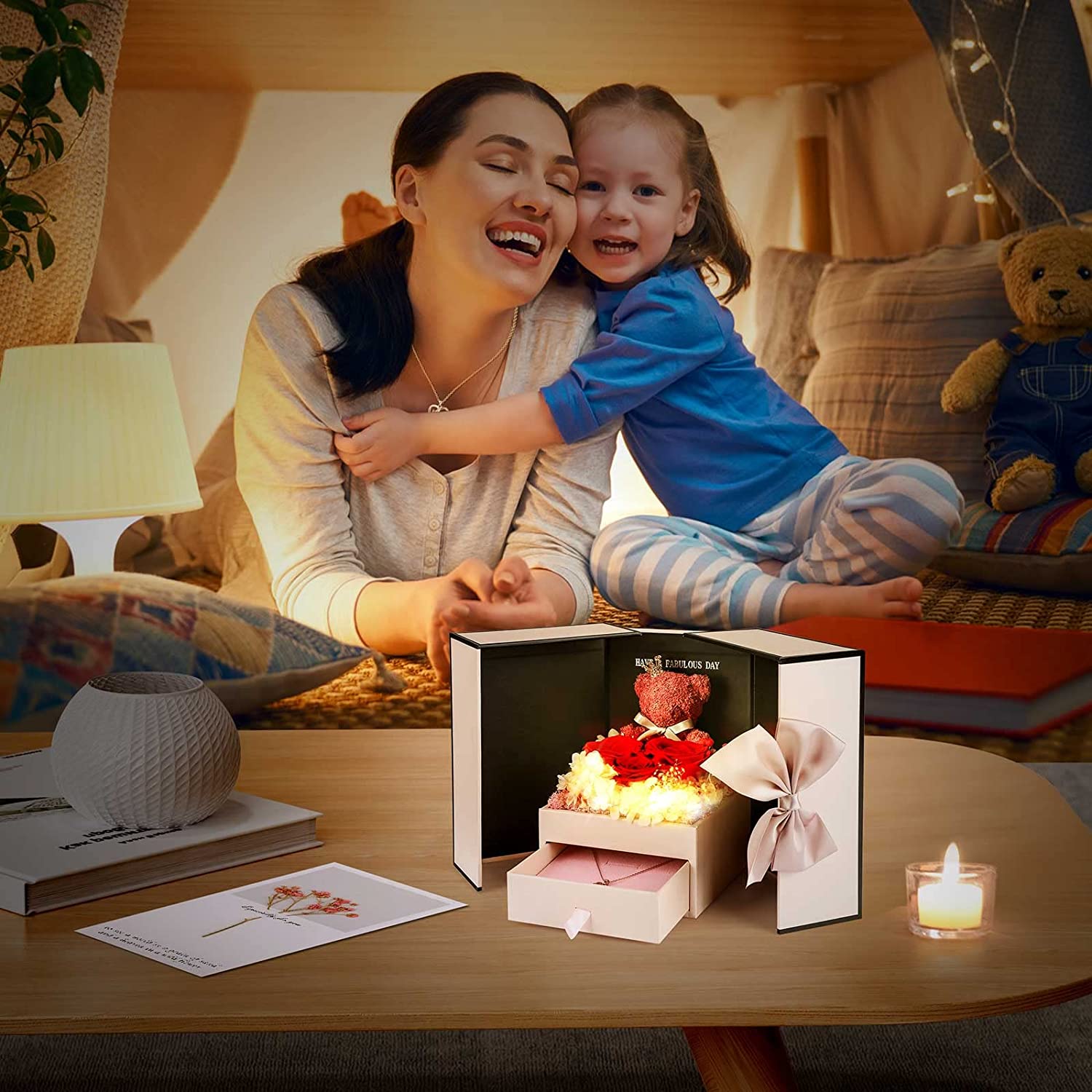 Preserved Rose Moss Bear with Silver Necklace Romantic Gifts for Women