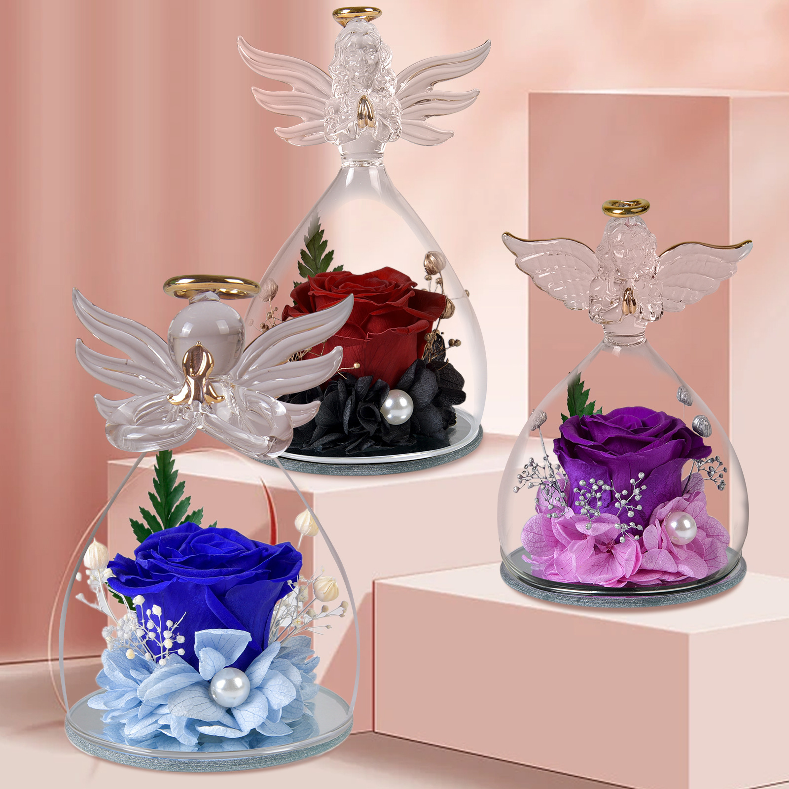 Eternal Rose in Glass Angel Figurines Romantic Gift for Her