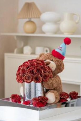 Birthday Rose Bear Cuddle Bucket