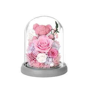 Preserved Pink Rose and Moss Bear in Glass Dome Gifts for Her