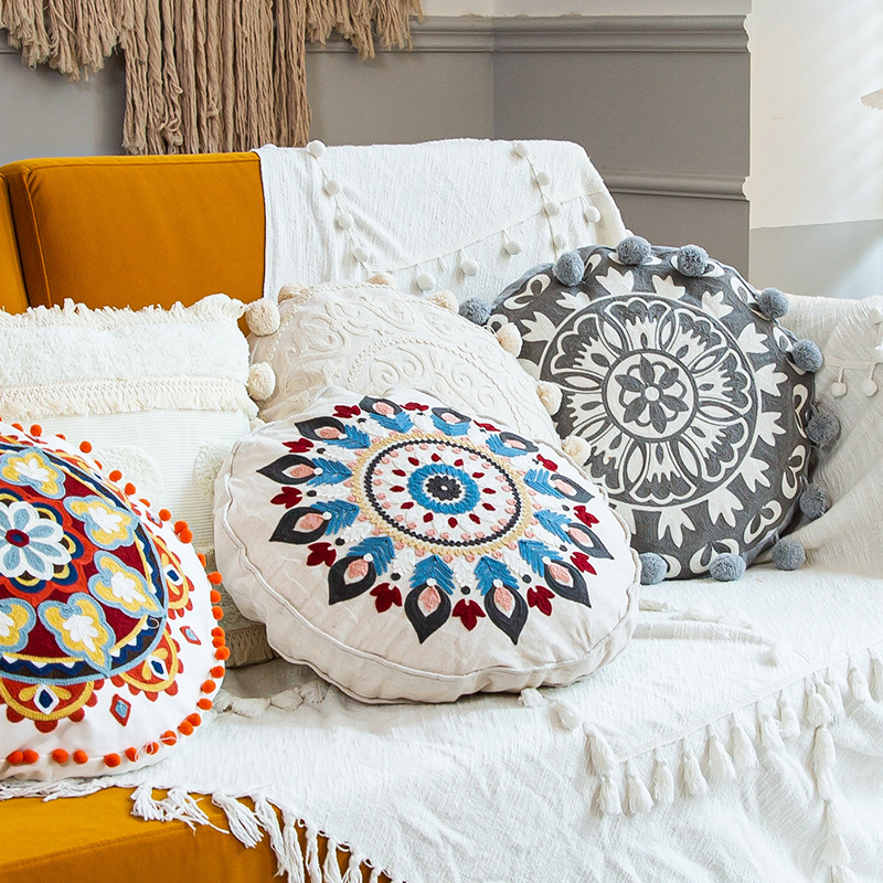 Hand Embroidered Round Throw Pillow
