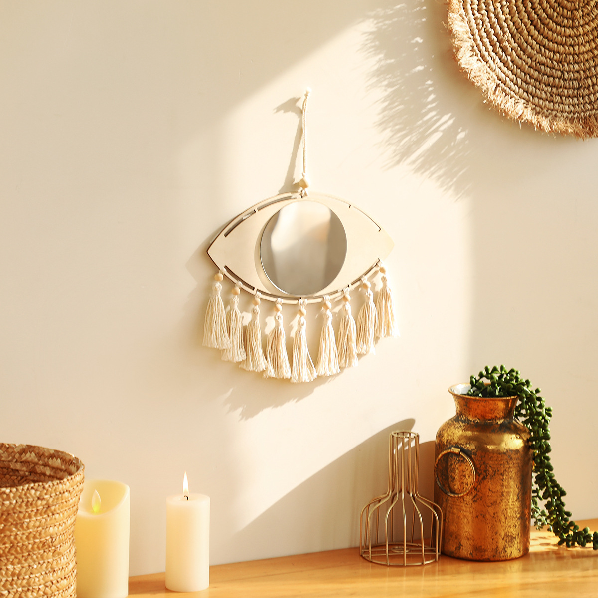 Fringed Wood Mirror Wall Decor