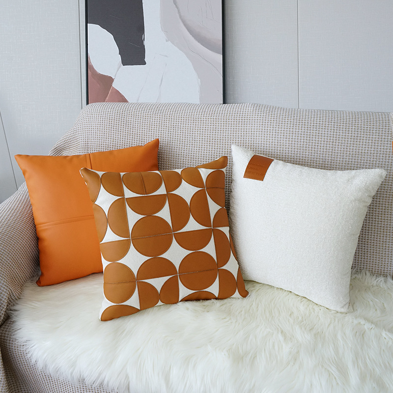 Orange Circle Leather Throw Pillow