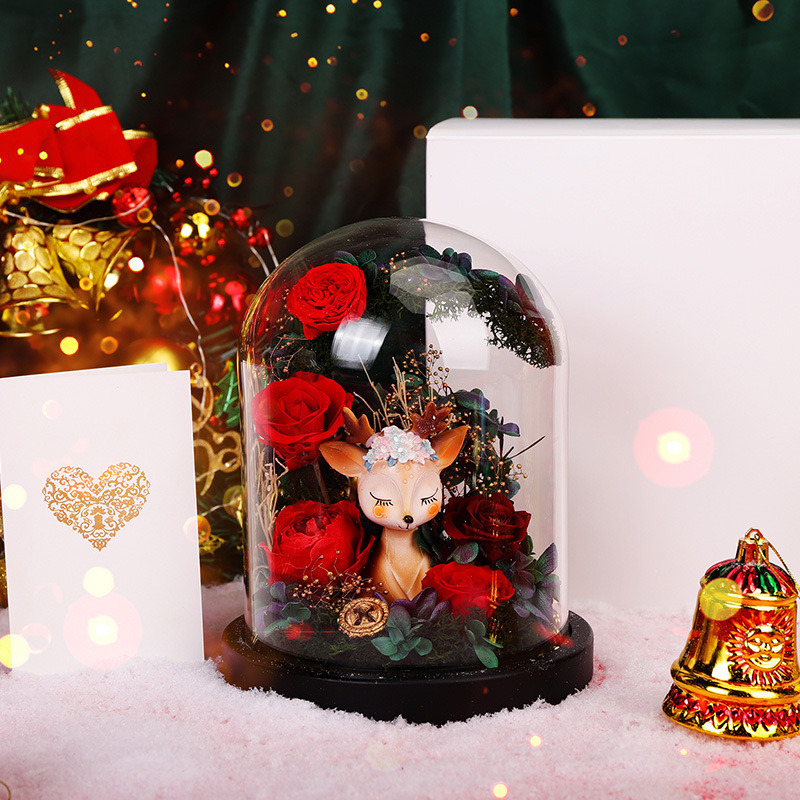 Preserved Rose Flower in Glass Dome Creative Christmas Deer Gifts