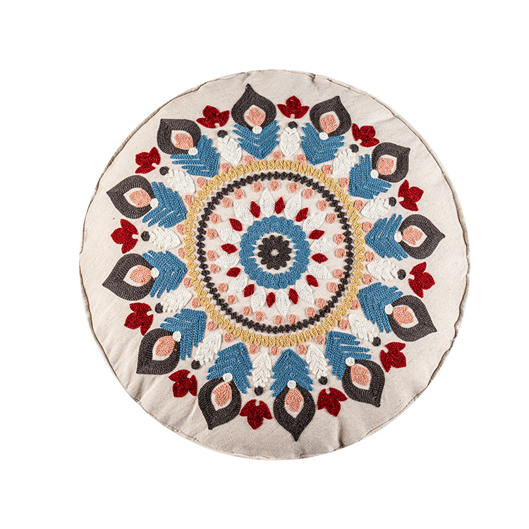 Hand Embroidered Round Throw Pillow