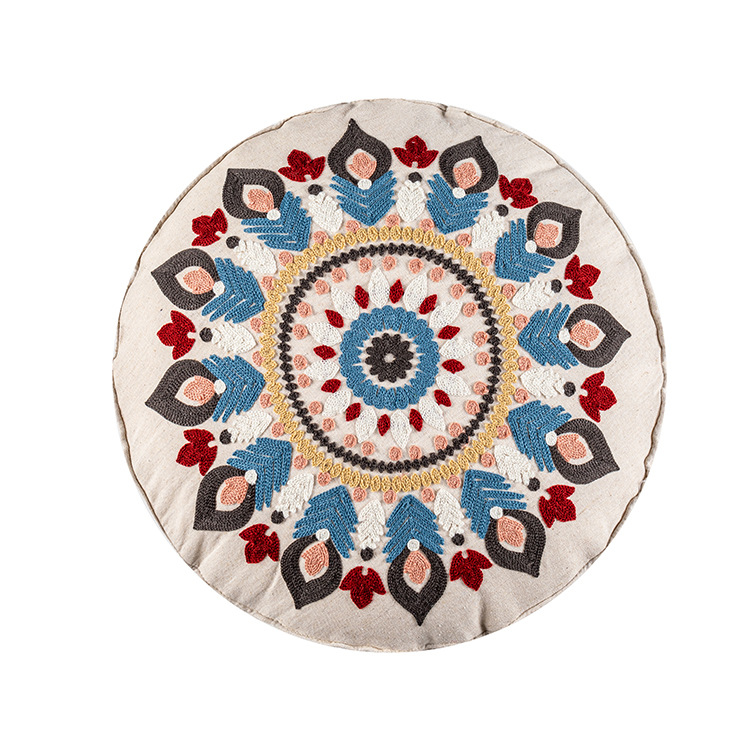Hand Embroidered Round Throw Pillow