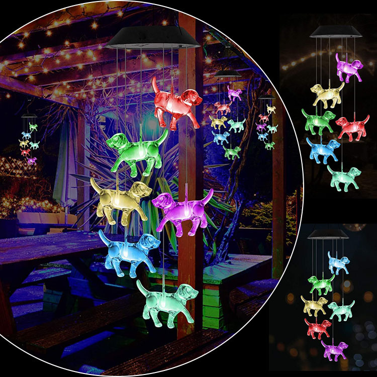 Crystal Dog Solar Wind Chimes Outdoor Color Changing Solar Lights