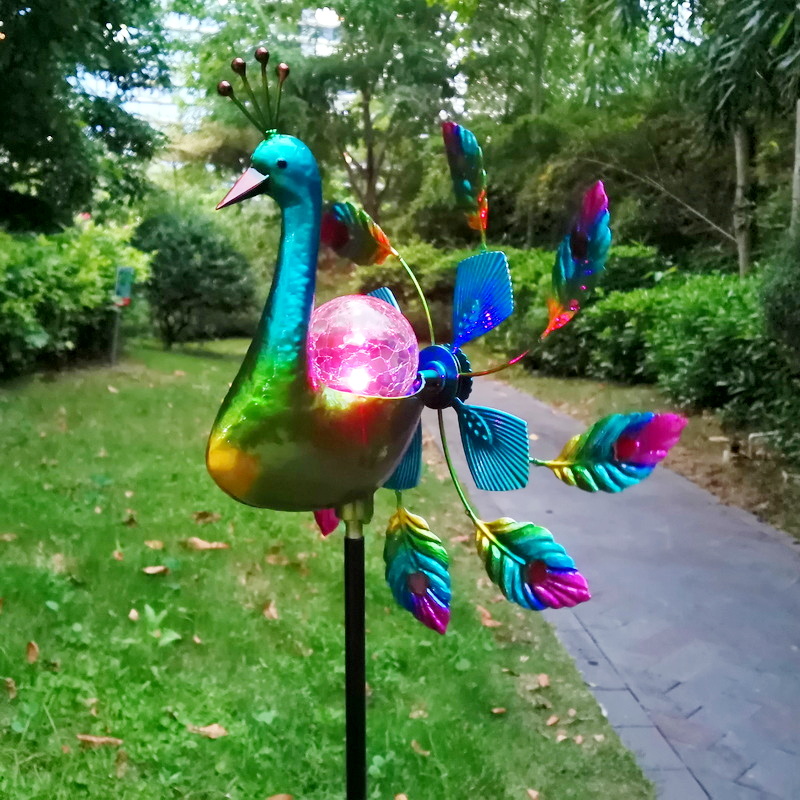 Solar Peacock Wind Spinner Metal Kinetic Garden Decor