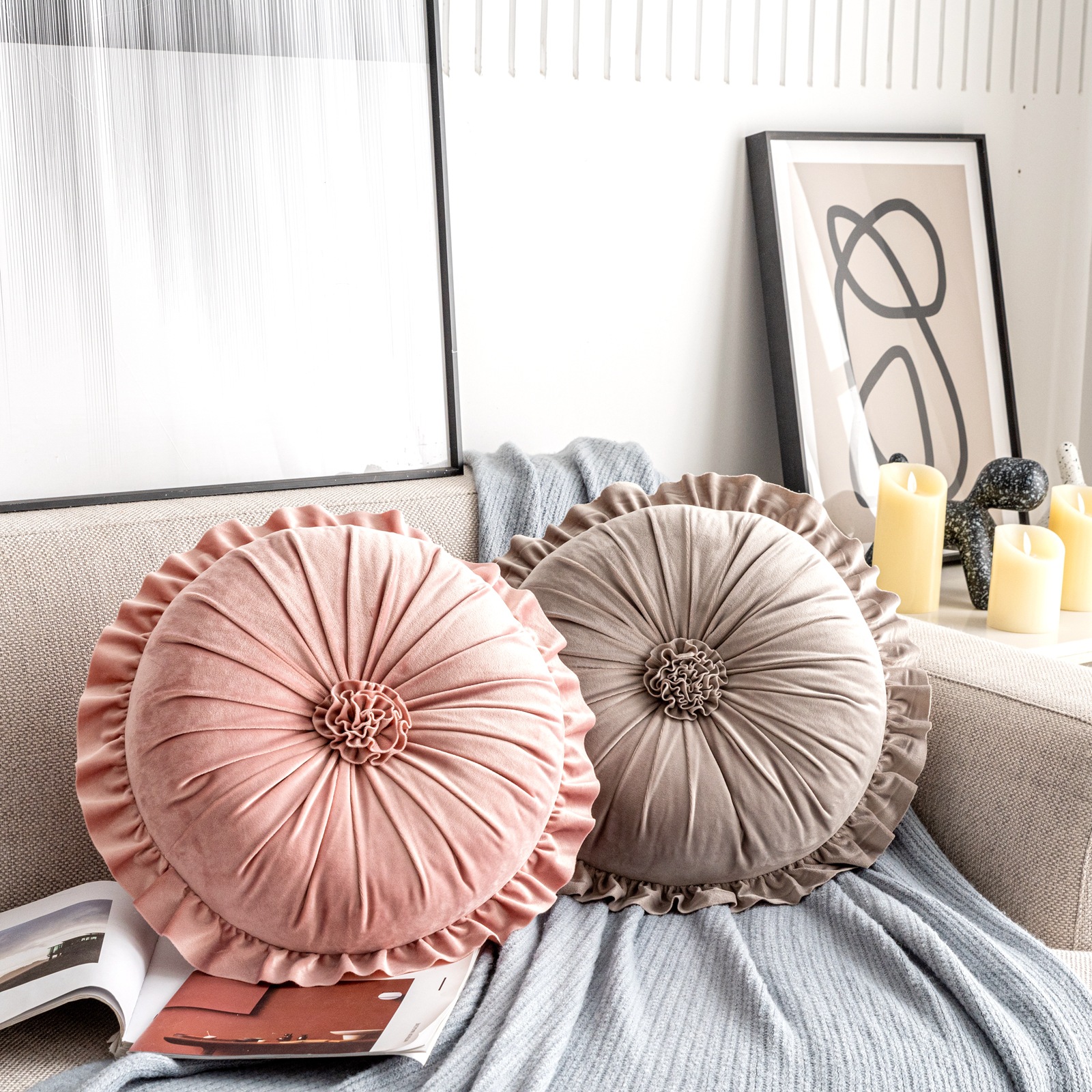 Round Flower Ruffled Edge Throw Pillow