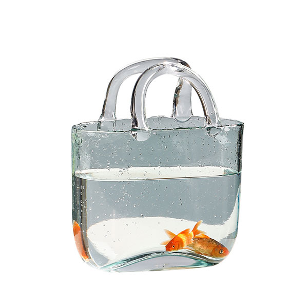 Glass Handbag Vase + 2 Green/white Fake Flowers