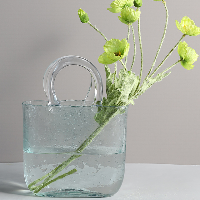 Glass Handbag Vase + 2 Green/white Fake Flowers