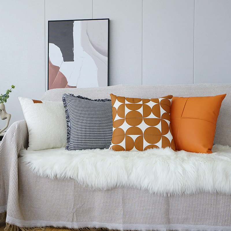Orange Circle Leather Throw Pillow