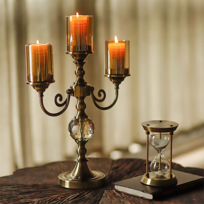 Metal And Glass Three-headed Crystal Candle Holder