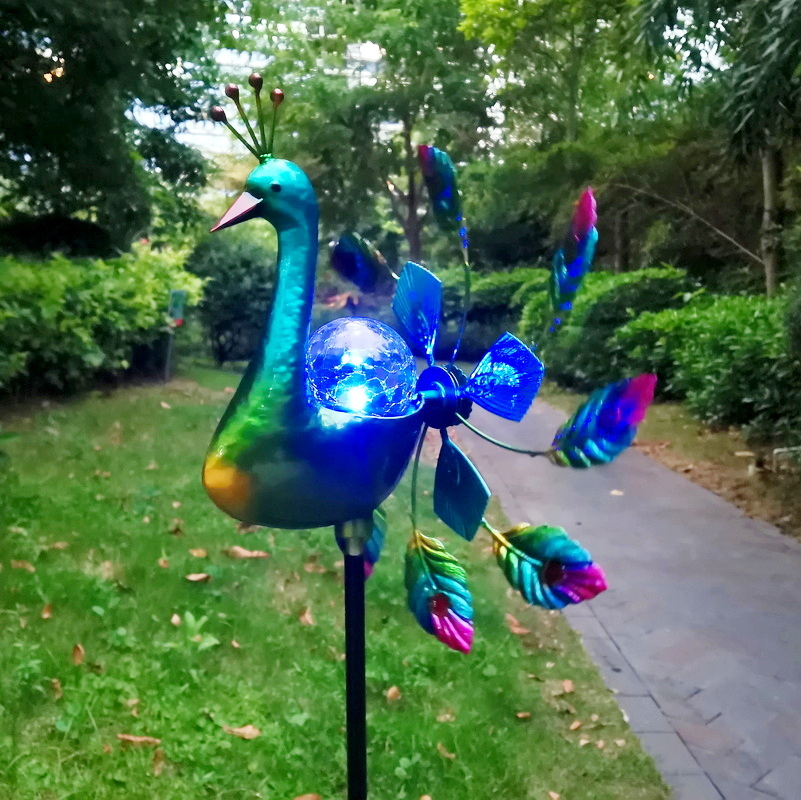 Solar Peacock Wind Spinner Metal Kinetic Garden Decor