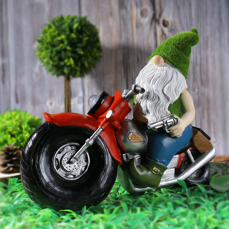 Garden Gnome Riding Motorcycle Statues Indoor Outdoor Decoration