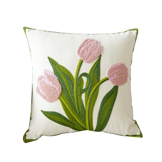Green Tulip Embroidery Throw Pillow