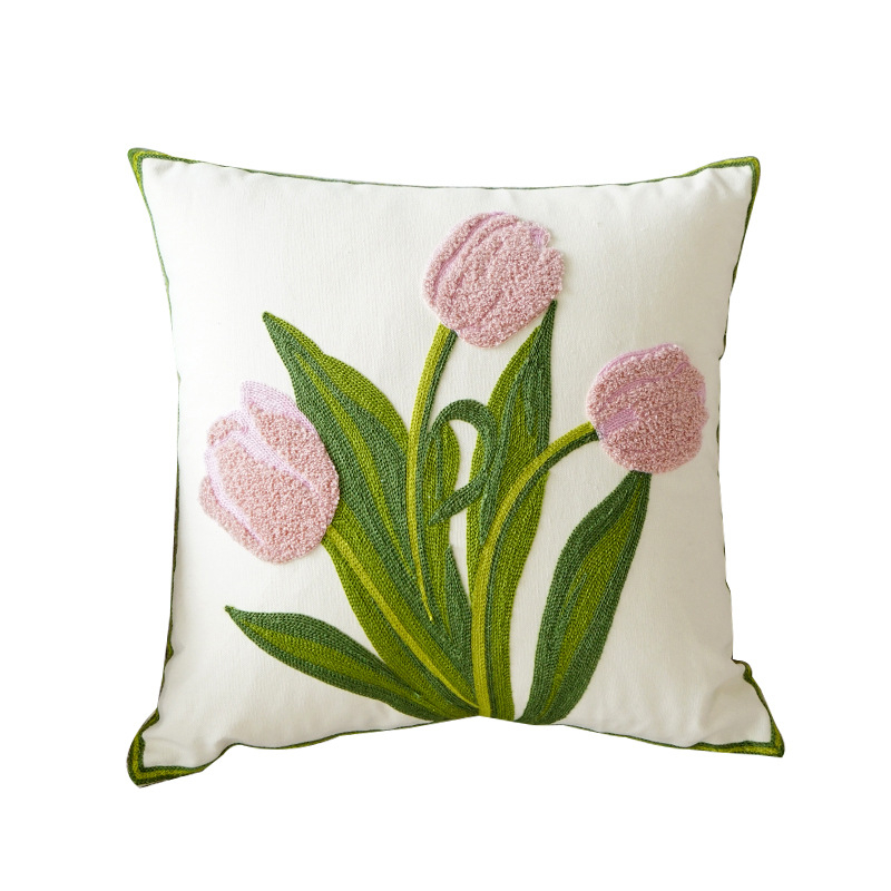 Green Tulip Embroidery Throw Pillow
