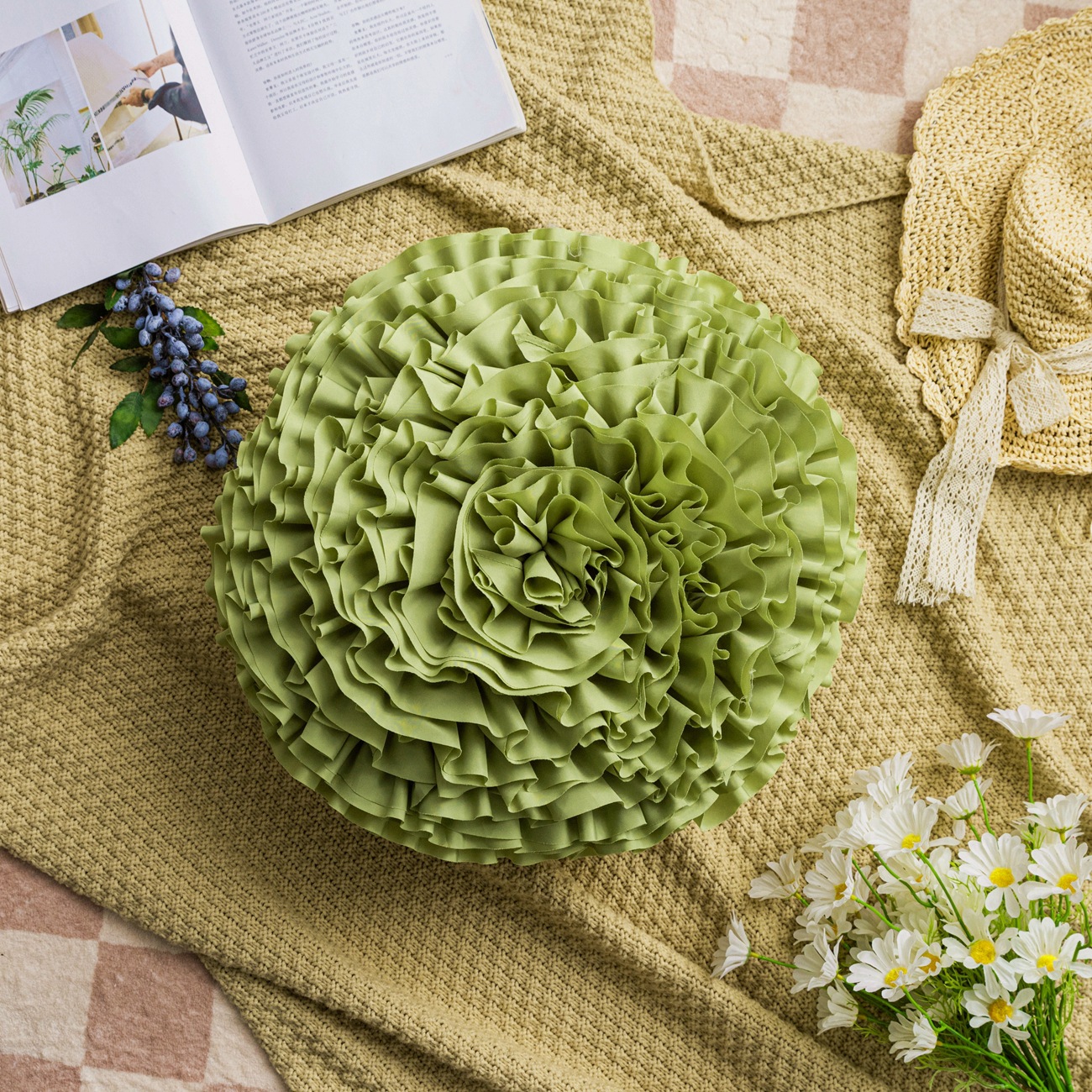 Green Flower Throw Pillow