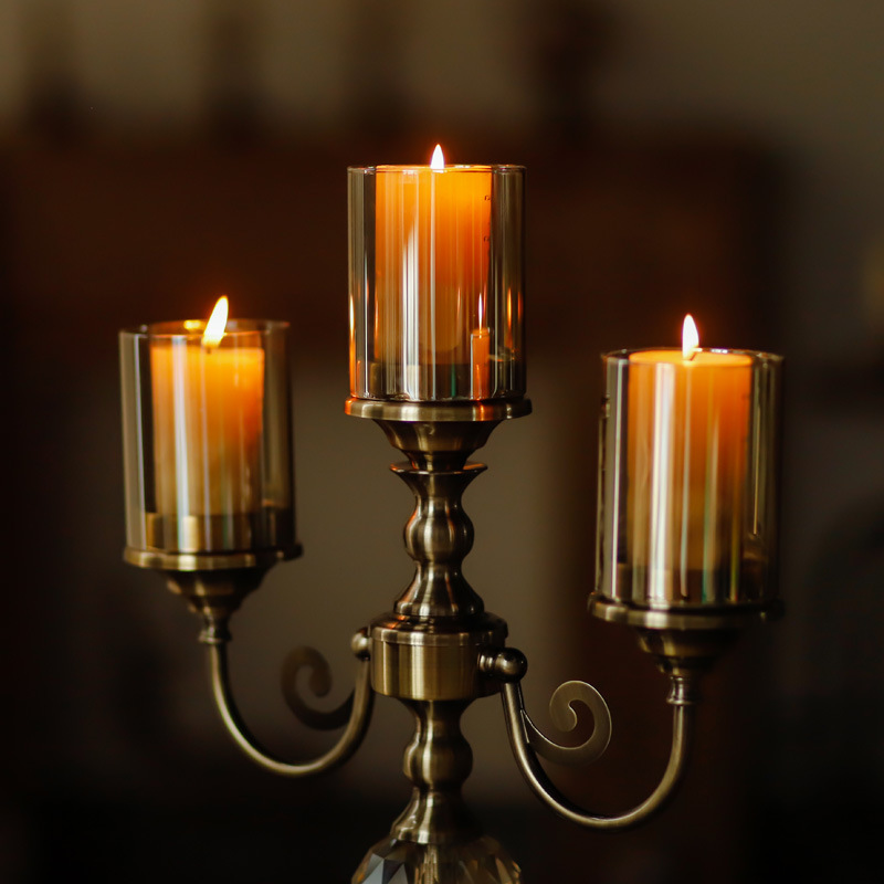 Metal And Glass Three-headed Crystal Candle Holder
