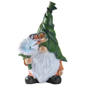 Garden Gnome Statue Resin Gnome Butterfly Figurine Outdoor Solar Light