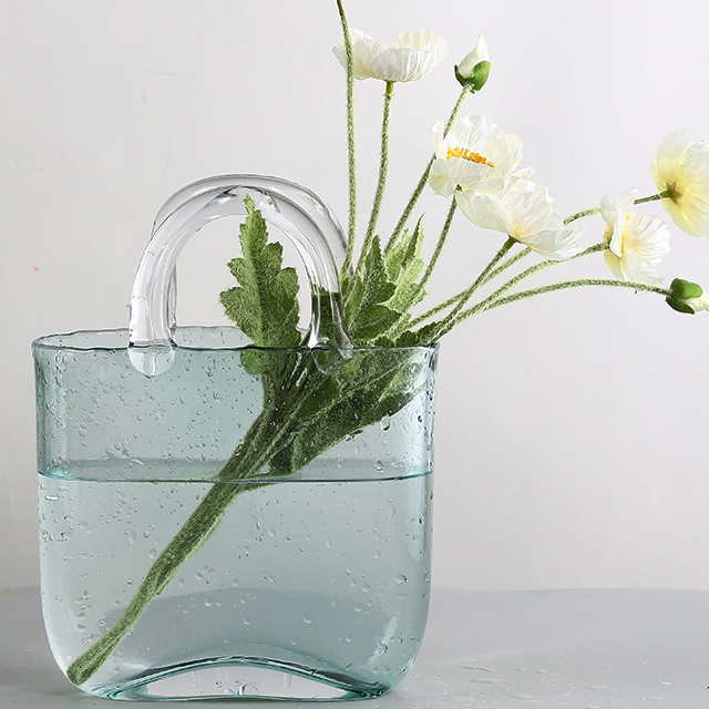 Glass Handbag Vase + 2 Green/white Fake Flowers