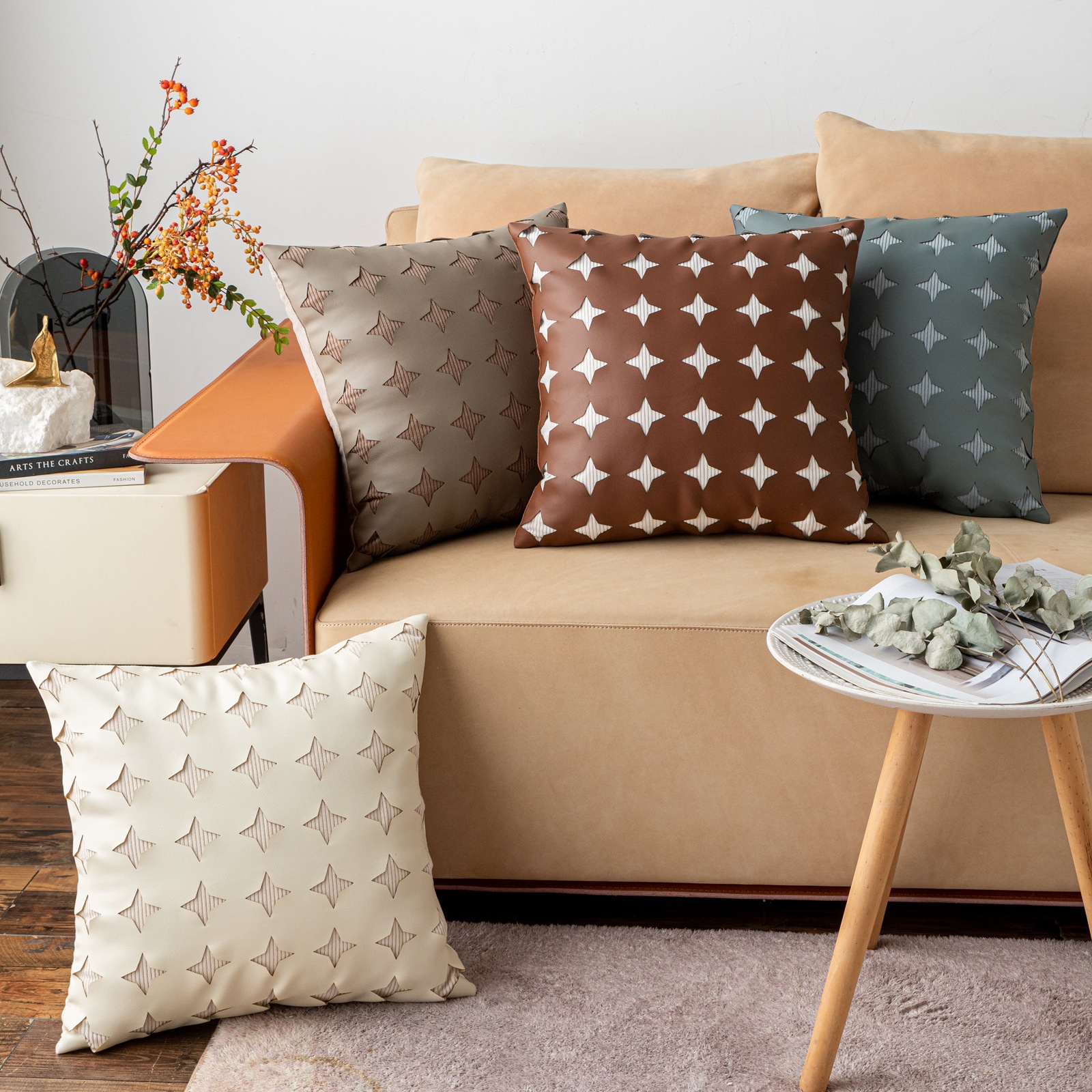 Leather Hollow Stars Throw Pillow