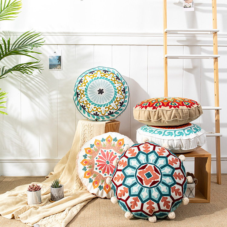 Hand Embroidered Round Throw Pillow