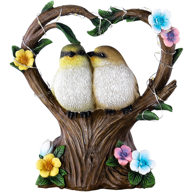 Outdoor Heart Shaped Couple Bird Statues Garden Solar Light