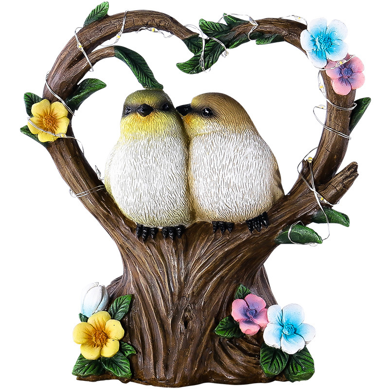 Outdoor Heart Shaped Couple Bird Statues Garden Solar Light