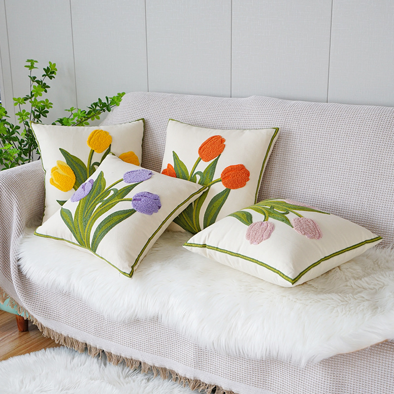 Green Tulip Embroidery Throw Pillow