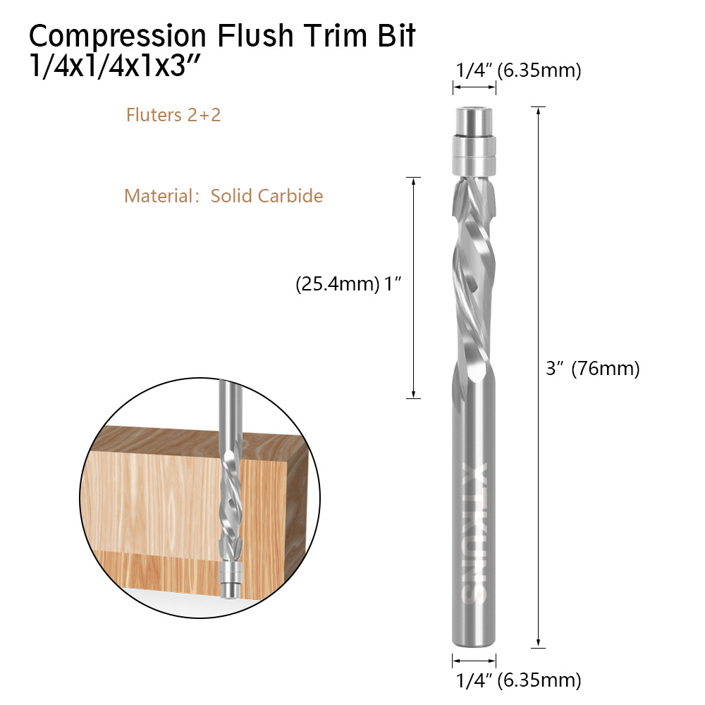XTKUNS Up Down Compression Spiral Flush Trim Router Bit, 1/4 Inch Shank Solid Carbide Flush Trim Router Bits CNC Spiral Bit